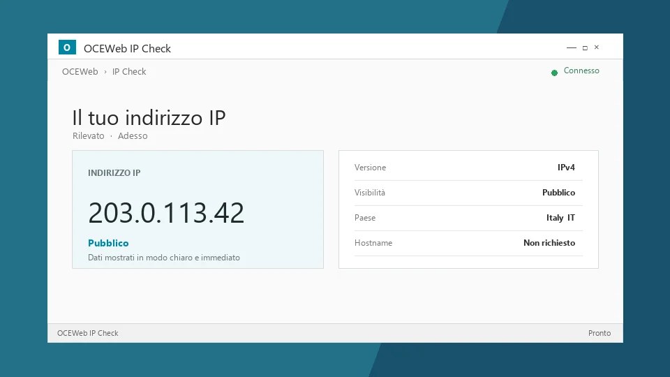 Interfaccia di OCEWeb IP Check con indirizzo IP e dettagli della connessione