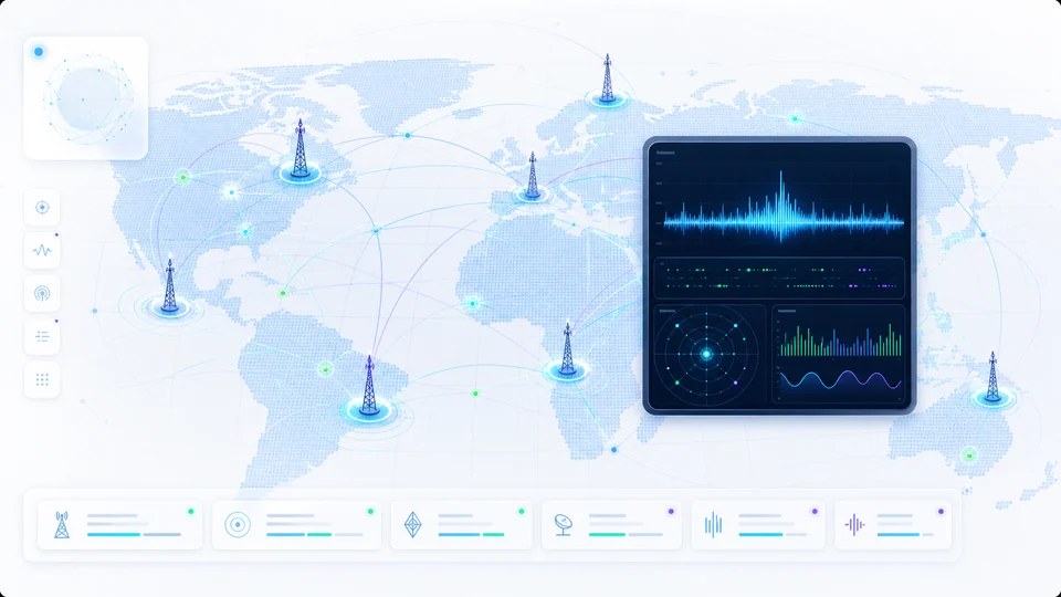Visuale editoriale della rete globale Reverse Beacon Network con segnali radio e nodi connessi